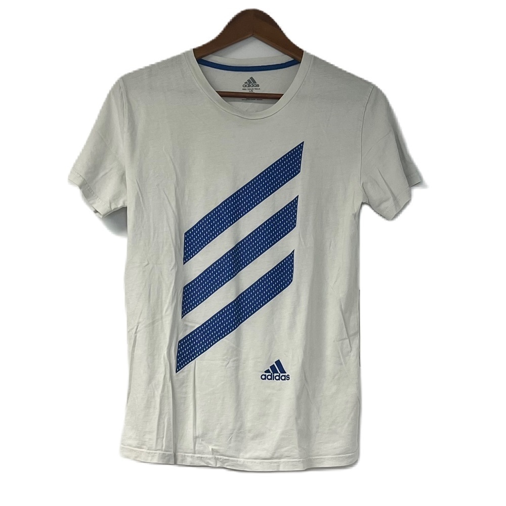 Adidas boys white blue 14/16 graphic logo stripe short sleeve tee casual comfy